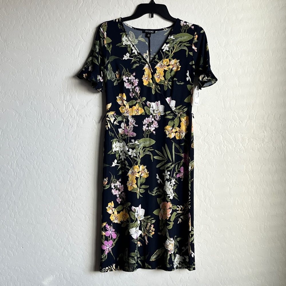 Roz & Ali Women Floral Print Faux Wrap V-Neck Short Sleeve Midi Dress Size XS